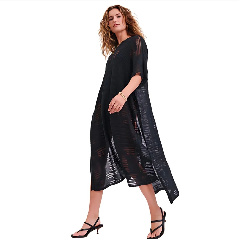 Mer-Sea Souk Knit Tunic Coverup OS Black Boho Coastal Beach Sheer Side Slits
